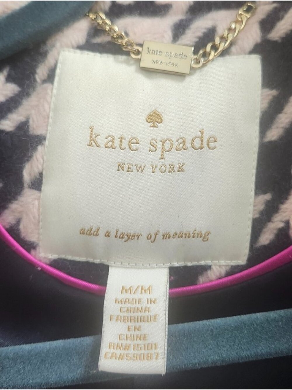 Kate Spade New York Houndstooth Coat Womens M Wool Blend Navy Ivory Button Front - Picture 10 of 16